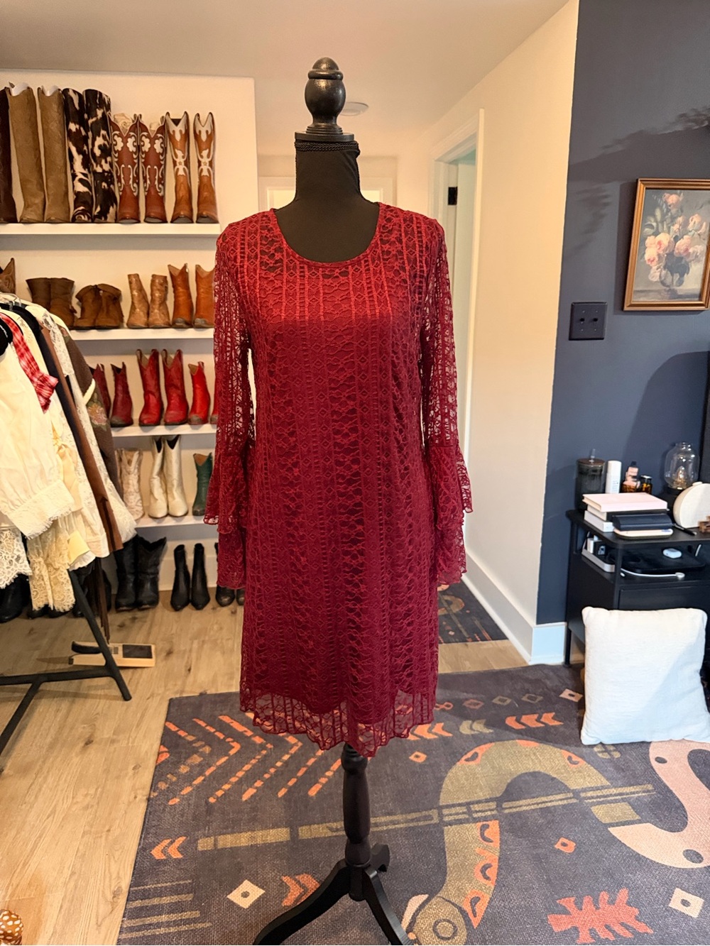 Wrangler Burgundy Lace Long-Sleeve Shift Dress